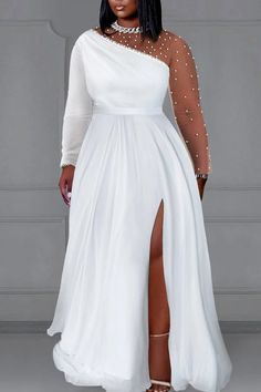 Xpluswear Design Plus Size Wedding White Round Neck Long Sleeve Split Pearls Maxi Dresses [Pre-Order] Tulle Mini Dress, Tulle Maxi Dress, Plus Size Prom, Denim Maxi Dress, Plus Size Formal, Plus Size Party Dresses, Plus Size Formal Dresses, White Dress Party, Maxi Gown Dress