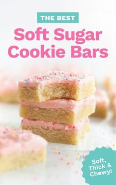 the best soft sugar cookie bars with pink frosting and sprinkles on top