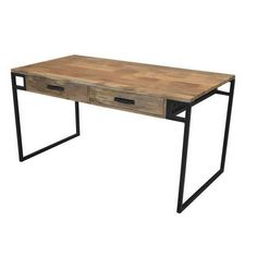 a wooden desk with two drawers and metal legs