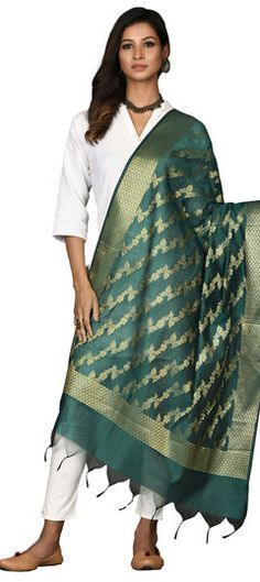 Green color Dupatta in Chanderi Silk fabric with Weaving, Zari work Stole Scarf, Zari Work, Embroidered Silk, Scarf Styles, Cotton Silk, Silk Fabric, Green Color, Green Colors, Free Size