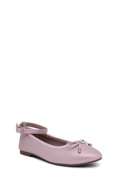 A rhinestone-dotted bow brings sweet sparkle to a faux-leather ballet flat secured by an adjustable ankle strap. Synthetic upper, lining and sole Imported Pink Ballet Flats With Bow And Round Toe, Pink Flats With Bow And Round Toe, Sugar Sugar, Girls Shoes Kids, Leather Ballet Flats, Ballet Flat, Ballet Flats, Nordstrom Rack, Ankle Strap