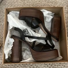 Brand New In Box. Modern Brown Heels With Wooden Heel, Modern Brown Heels With Stacked Heel, Modern Brown High Heels, Modern Brown Heels With 4-inch Heel, Modern Brown Heels For Evening, Brown Heels With Wooden Heel For Work, Brown Wooden Heel Workwear Heels, Chic Brown Heels With Wooden Heel, Brown Square Toe Heels With Wooden Heel