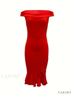 Lasaky - Asymmetrical Off-Shoulder Bodycon Dress with Ruffle Hem - Elegant Womens Party Dress Stretch Asymmetrical One Shoulder Dress For Party, One Shoulder Ruffled Bodycon Dress For Party, One Shoulder Ruffled Bodycon Party Dress, One-shoulder Ruffled Bodycon Dress For Party, Chic Off Shoulder Dress With Ruffles For Party, Knee-length Strapless Ruffle Party Dress, Flirty Sleeveless Asymmetrical Dress For Party, Flirty Sleeveless Asymmetrical Party Dress, One-shoulder Stretch Asymmetrical Party Dress