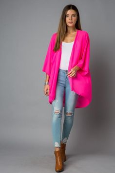 Neon Solid Kimono Cardigan Pink Kimono Outfit, Kimono Cardigan Outfit, Pink Kimono, Kimono Outfit, Sheer Kimono, Casual Kimono, Kimono Cardigan, Red T, Grey Blue