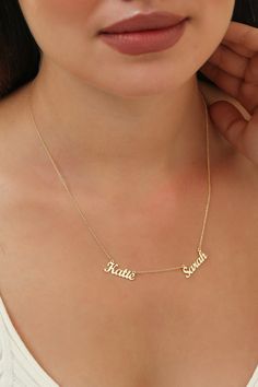 14k 18k Solid Gold Couple 2 Name Plate Necklace, Multiple Handwriting Double Name Necklace, Twin Name Necklace, Gift for Best Friend Our gold necklaces are perfect choice for a Christmas, Mother's Day, valentine's day, birthday, wedding, anniversary, graduation, engagement, bridesmaid, and best friends gift. It's a good way to show appreciation to your mom, girlfriend, wife, grandmother, grandchildren, daughter, sister, best friend, boss or a co-worker. Also, a special treat just for yourself. 14k Gold Name Necklaces For Weddings, Classic Yellow Gold Necklaces With Names, Classic Yellow Gold Necklace With Names, Yellow Gold Necklaces With Names For Anniversary, Gold Jewelry With Names For Formal Occasions, Gold Formal Jewelry With Names, Formal Gold Jewelry With Names, Double Heart Name Necklace For Wedding, Gold Necklaces With Names In 14k Gold