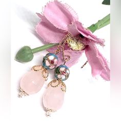 Delicate Handmade Earrings Join Soft Pink Rose Quartz Teardrops With Vintage Cloisonne Floral Enamel Beads In Sky Blue, Pink, Green And Red Colors. Textured, Oversized Fancy Hooks Are 18k Gold Plated Over Brass. Gold Tone Filigree Accents Add A “Lacy” Touch. Length Including Hooks 1.8”. Feminine Spring Dangle Earrings, Spring Feminine Dangle Jewelry, Feminine Spring Dangle Jewelry, Pink Feminine Dangle Flower Earrings, Delicate Pink Pierced Earrings, Feminine Pink Dangle Flower Earrings, Pink Feminine Flower Dangle Earrings, Elegant Pink Teardrop Flower Earrings, Elegant Handmade Earrings For Spring