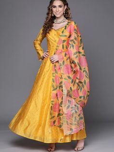 Yellow Yoke Embroidered Kurta with Printed Dupatta - Inddus.com Yellow Art Silk Churidar For Transitional Season, Festive Yellow Salwar Kameez With Zari Work, Yellow Straight Kurta For Eid, Yellow Anarkali Set For Festive Occasions, Yellow Kurta For Festive Occasion And Eid, Yellow Festive Kurta For Eid, Festive Yellow Anarkali Set For Festivals, Festive Yellow Kurta For Eid, Yellow Straight Kurta Set With Dupatta