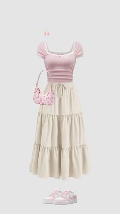 Pink And White Girly Outfits, Skirt Pairing Ideas, White Skirt Pink Top Outfit, Shein Fashion Outfit, Outfit Ideas Skirt Long, Skirt And Dress Outfits, Cute Long Skirt Outfits, Outfit Inspo Coquette, Ruffle Long Skirt