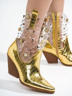 Western Chic: Chriena Rhinestone Gem Crocodile Boots Luxury Embellished Boots For Fall, Chic Fall Boots With Bling, Crystal Embellished Boots For Fall Party, Crystal Embellished Party Boots For Fall, Luxury Rhinestone Boots For Night Out, Luxury Gold Boots For Party, Glamorous Rhinestones Boots For Fall, Formal Rhinestone Boots For Spring, Luxury Gold Party Boots