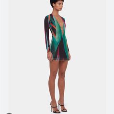 Heatwave Dress In Color Bird Of Paradise. New With Tags Luxury Multicolor Formal Dresses, Luxury Fitted Multicolor Dresses, Multicolor Luxury Evening Dress, Elegant Multicolor Mini Length Dresses, Designer Mini Evening Dresses, Elegant Multicolor Dresses For Night Out, Designer Green Long Sleeve Dress, Designer Fitted V-neck Dress, Fitted V-neck Designer Dress