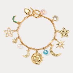 Capture the magic of summer with this Moon Star Charm Bracelet! Delicate moons and stars, featuring 18k gold-plated brass heart charm, dance alongside sparkling cubic zirconia. This simple and stylish bracelet is a reminder that wonder lives among the stars, adding a touch of celestial charm to any outfit. A shimmering reminder that we share the universe with the moon and stars, this astrology bracelet is perfect for summer nights. Layer it or wear it solo, it perfectly complements your various Celestial Charms Bracelet Jewelry, Gold Celestial Charm Bracelet As A Gift, Adjustable Gold Celestial Charm Bracelet, Gold Charm Bracelet With Moon Charm As A Gift, Bohemian Gold Bracelet With Moon Charm, Celestial Charm Bracelet With Star Charm As Gift, Celestial Star Charm Bracelet Gift, Celestial Charm Bracelet With Moon Charm As A Gift, Celestial Gold Star Bracelets