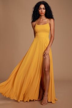 Glam Yellow Maxi Dress - Backless Maxi Dress - Mustard Dress - Lulus Fitted Maxi Dress With Sweetheart Neckline And Tie Back, Backless Chiffon Dress For Prom, Fitted Backless Chiffon Dress, Chiffon Halter Neck Evening Dress, Fitted Maxi Length Chiffon Prom Dress, Yellow Sleeveless Chiffon Dress For Wedding, Fitted Chiffon Maxi Dress For Prom, Yellow Chiffon Prom Dress, Halter Neck Prom Dress With Lined Bodice