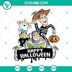 a cartoon character holding a sign that says happy halloween with other characters around it and the words svvibe com