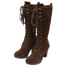 Juicy Couture 'Madley' Suede Boot * Authentic Juicy Couture Boot * Brown Suede Upper * Lace-Up Front * Side Zipper * Rubber Sole For Excellent Traction * Mid-Calf Height * 3" Heel * 3/4" Platform * Color Brown (Tmoro Waxy) * Brand New Without Box * Mfsrp: $295.00 Fantasy Boots Shoes, Cute Tall Boots, Brown Boots Png, Brown Boots Aesthetic, Elven Shoes, Womens Brown Boots, Dove Aesthetic, Brown Heel Boots, Boot High Heels