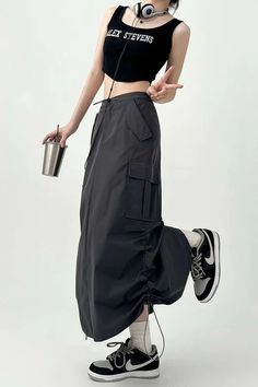 Side Ruched Parachute Cargo Midi Skirt Twice Inspired Outfits Ready To Be, Acubi Clothing Pieces, Casual Ruched Asymmetrical Skirt, Casual Midi-length Ruched Skirt, Casual Ruched Long Maxi Skirt, Casual Long Skirt With Ruched Detail, Acubi Skirt, Daisy Clothing, Cargo Skirt Outfit