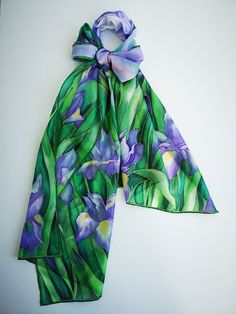 Hand painted silk scarf Spring Irises in purple ethereal sunlight. Lots of flowering purple blue irises designed on each end seeking to meet light purple sun --------------------------------------------------------------------------------------------------------------------- This scarf is MADE TO ORDER and available even in 6 OBLONG sizes and 3 SQUARES: 21x21 inches (55x55cm)- Very small square- Kerchief; wrist, head or bag band. 29x29 inches (74x74cm)- Medium square. 35x35 inches (90x90 cm)- Re Short Scarves, Silk Chiffon Scarves, Painted Scarf, Small Scarf, Silk Scarf Painting, Hand Painted Silk Scarf, Silk Shawl, Hand Painted Silk, Chiffon Scarf