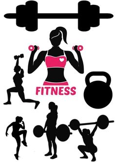 the silhouettes of people doing different exercises with dumbbells and weight plates in front of them