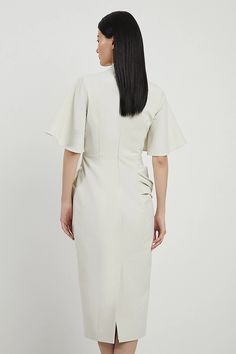 Tailored Metallic Angel Sleeved Midi Pencil Dress | Karen Millen Chic V-neck Midi Dress For Business, Chic Short Sleeve Belted Dress For Office, V-neck Belted Midi Dress For Office, Belted Midi Dress With Short Sleeves For Party, Party Midi Dress With Belt And Short Sleeves, Belted Fitted Midi Dress, Fitted Belted Midi Dress, Short Sleeve Belted Dress For Evening, V-neck Midi Dress With Structured Shoulders For Work