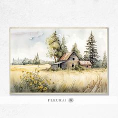 a watercolor painting of an old house in the middle of a field