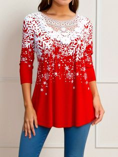 Shop Affordable  Women Blouses1 Spring/Fall Shirt&blouse Casual Shirt&blouse Christmas Shirt&blouse Loose Daily V Neck Long Sleeve On Justfashionnow.com Lace Print, Christmas Fashion, Fall Shirts, Red Fashion, Long Sleeve Lace, Plus Size Tops, Long Sleeve Pullover, Printed Blouse, Plus Clothing