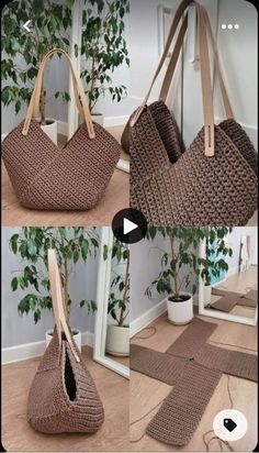 two pictures of the same purse and one is made out of woven material with wooden handles