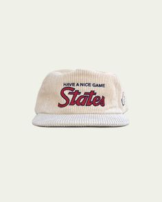 Our hand drawn "States" script on our 5-panel snapback in thick corduroy. Have A Nice Game, States 5 panel crown, semi-structured Embroidered One size fits most Snapback Flat Bill Corduroy Trucker Hat For Streetwear, Corduroy Snapback Hat For Streetwear, Corduroy Flat Bill Trucker Hat For Streetwear, Retro Corduroy Snapback Baseball Cap, Girl Hats, Surf Hats, Corduroy Hat, Fresh Outfits, Panel Hat