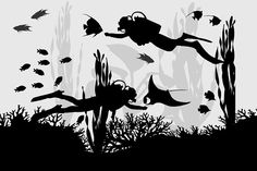 an underwater scene with silhouettes of people swimming and scubaing in the water, surrounded by fish