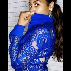 Royal Blue Lace Collared Shirt Blue Long Sleeve Party Shirt, Blue Stretch Shirt For Fall, Trendy Fitted Blue Shirt, Blue Fall Party Shirt, Blue Party Shirt For Fall, Blue Buttoned Top For Night Out, Blue Button-up Tops For Night Out, Trendy Blue Party Blouse, Trendy Blue Blouse For Night Out