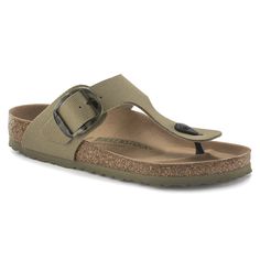 Meet the Gizeh Big Buckle- now in vegan material. This classic thong sandal gets a fresh update with an elegant amplified buckle. Feminine style that's comfortable and easy to wear. The footbed is lined with microfiber. The upper is made from high-quality textile. Anatomically shaped cork-latex footbed Upper: Textile Footbed lining: microfiber Sole: EVA Details: thong with an individually adjustable pin buckle; vegan “Made in Germany” Summer T-strap Footbed Sandals With Cork-bed Midsoles, Spring T-strap Flip Flops With Buckle Closure, Casual T-strap Footbed Sandals For Spring, Spring T-strap Footbed Sandals With Leather Footbed, Spring Leather T-strap Sandals With Footbed, Spring Adjustable T-strap Footbed Sandals, Spring Toe Loop Flip Flops With Buckle Closure, Adjustable T-strap Footbed Sandals For Spring, Buckle Closure T-strap Footbed Sandals For Spring