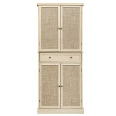 a white cabinet with wicker doors on the front and bottom, against a white background