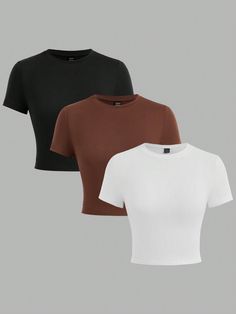 3pcs Casual Solid Color Slim Fit Crop Sleeve Crop Top For Women's Summer Multicolor Casual    Plain  Slight Stretch  Women Clothing, size features are:Bust: ,Length: ,Sleeve Length: Slim Fit Tops Women, Crop Tops From Shein, Dream Clothes T-shirts & Tank Tops, Cute Crop Tops For Teens, Plain Shirts Women, Shein Tops Shirts, Crop Top Mujer, Cropped Shein