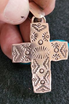 Beautifully hand-made and Hand-stamped Cross made from Copper. Stamping is done with stamps made from Navajo stamp makers. Free shipping and chain. I have another Cross that is similar. Stamp Maker, Southwestern Design, Copper Style, Anklet Bracelet, Sterling Silver Cuff, Brass Pendant, Leather Cuffs, Brass Chain, Silver Cuff