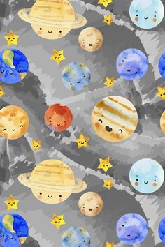 an image of planets and stars on a gray background with watercolor paint effect in the style of children's drawings