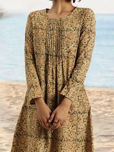 Floral Print Paneled Pleated Pockets Vintage Midi Dress Bohemian Pleated Fall Dresses, Fall Bohemian Pleated Dress, Vintage Midi Dress, Pleated Collar, Vintage Midi Dresses, Holiday Patterns, Khaki Dress, Measurement Chart, Floral Dresses