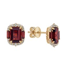 Two round dazzling garnet gemstones (approx. 2.05 carats TW)  are surrounded by 36 round diamonds (approx. .19 carat TW) and four baguette garnet gemstones (approx. .36 carat TW) in these gorgeous statement earrings. These sparkling gemstones are set in quality 14 karat yellow gold and measure 7/8 of an inch in diameter. These earrings measure 1 ¼ inches long (including the 0-ring) and have a total gem weight of approximately 2.60 carats for the pair. Beautiful Gold Earrings, Necklaces And Rings, Garnet And Diamond Ring, Garnet And Gold, Platinum Jewelry, Garnet Jewelry, Jewelry Fashion Trends, Garnet Earrings, Yellow Gold Earring