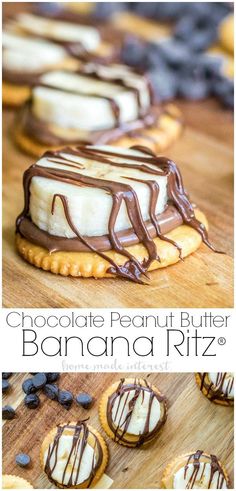 chocolate peanut butter banana ritz cookies on a cutting board with the title in the middle