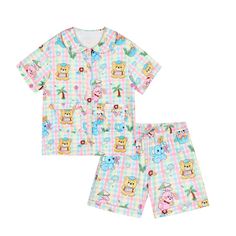 This set of plaid pajamas features animal and floral prints, with two pockets on the top for added convenience.Get ready for a comfortable and stylish night's sleep in this adorable and practical sleepwear.  The price includes only one set of pajamas.   	 		 			Top Size 			S 			M 		 		 			Length 			66 			68 		 		 			Bust 			102 			106 		 		 			Shoulders 			47 			48 		 		 			Sleeve Length 			19 			20 		 	      	 		 			Shorts Size 			S 			M 		 		 			Length 			42 			44 		 		 			Waist 			68-98 			72-102 		 		 			Hips 			111 			115 		 		 			Thigh 			69 			71 Casual Sets With Pockets For Sleepover, Casual Sleepwear With Pockets For Sleepovers, Casual Printed Patterned Sleepwear, Casual Patterned Printed Sleepwear, Casual Patterned Sleepwear, Kawaii Summer Sleepwear For Loungewear, Kawaii Summer Sleepwear, Casual Bedtime Sets With Pockets, Kawaii Summer Sleepwear For Pajama Party