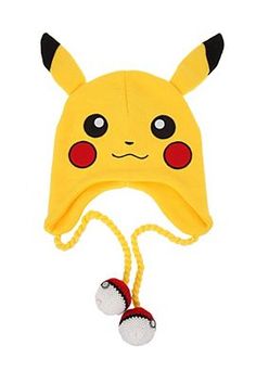 a yellow pokemon pikachu hat with red eyes and ears on it's head