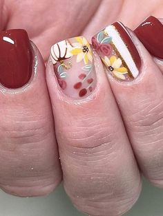 thanksgiving nails: pumpkin and sunflowers Folk Art Nails, Harvest Nails, Cute Fall Art, Event Nails, Shorter Nails, Em Nails, Cute Nail Colors, Thanksgiving Nail Designs, Thanksgiving Nail Art