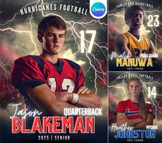 three football players with their arms crossed and lightning in the background