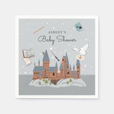 a baby shower card with an image of a castle in the snow and a dove flying over it