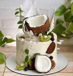 a cake decorated with coconuts, kiwi and blueberries on a white plate