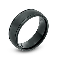 men's black ceramic wedding ring with satin finish and beveled edges, 8mm