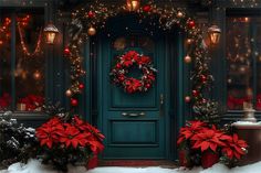 a green door decorated with poinsettis and lights