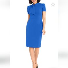 Maggy London Dress Royal Blue Short Sleeves, Zipper On The Back, Bow Tie On The Neck, Midi Length, Pencil Skirt, Nwt, Sz 4. This Is A Beautiful Dress Looks Like A Vintage Style 50's Era. It Is In New With Tags Condition. 18" Chest Armpit To Armpit 15" Shoulders 29" Waist 38" Hips 42" Length Blue Short Sleeve Midi Dress For Formal Occasions, Fitted Blue Midi Dress For Work, Blue Short Sleeve Semi-formal Midi Dress, Blue Short Sleeve Midi Dress For Semi-formal, Blue Short Sleeve Midi Dress For Semi-formal Occasions, Elegant Royal Blue Midi Dress With Short Sleeves, Formal Blue Short Sleeve Dress, Blue Short Sleeve Midi Dress For Work, Fitted Blue Office Dress