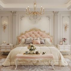 an elegant bedroom with chandelier and pink bedding