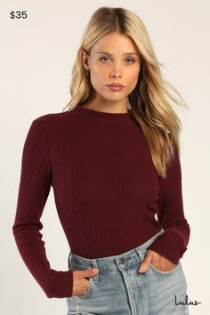 We just know that you and the Lulus Cuddly Couture Burgundy Waffle Knit Mock Neck Top of going to be the coziest of pairs! Soft waffle knit shapes this comfy, sweater-inspired top that has a mock neckline and figure-skimming bodice, framed by long sleeves. Pair this top with your favorite jeans for a look you'll want to wear over and over again! Fit: This garment fits true to size. Length: Size medium measures 21.5" from shoulder to hem. Bust: Great for any cup size. Waist: Fitted - stretchy fab Stretch Waffle Knit Sweater For Fall, Winter Solid Waffle Knit Sweater, Chic Waffle Knit Winter Top, Chic Winter Waffle Knit Top, Fitted Waffle Knit Tops For Winter, Cozy Knit Top With Ribbed Neckline, Winter Fitted Waffle Knit Tops, Waffle Knit Top For Winter Layering, Winter Waffle Knit Top For Layering