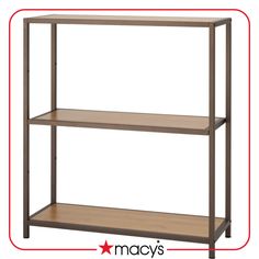 three tiered shelving unit with wooden shelves