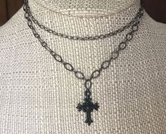 "TEXTURED CHAIN CROSS Gunmetal Black Necklace * Choose Single or Double Choker * Simple * Minimal * Gunmetal Necklace * Black Cross Necklace Choose the single cross necklace or the double necklace:  Double necklace is 2 separate necklaces  DOUBLE NECKLACE - choose :  12\" & 14\",   14\" + 16\",   16\" + 18\",    18\" + 20\",    20\" & 22\"  - each comes with a 3\" extender SINGLE NECKLACE (just the cross necklace) - \" 12\", 14\", 16\", 18\", 20\" or 22\" - each comes with a 3\" extender MATERIA Gunmetal Necklace, Choker Simple, Black Cross Necklace, Ornate Cross, Single Necklace, Cross Choker, Double Necklace, Thread Necklace, Cross Chain