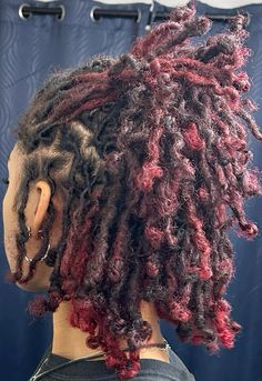 Homecoming Hairstyles Dreads, Red And Brown Locs, Dyeing Locs, Dye Locks, Dyed Dreads Black Women, Cherry Red Locs, Red And Black Dreads, Dreads Aesthetic, Half Dyed Locs